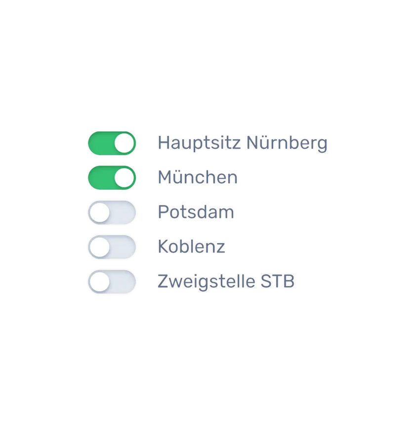 Liste mit Standorten und Checkboxen