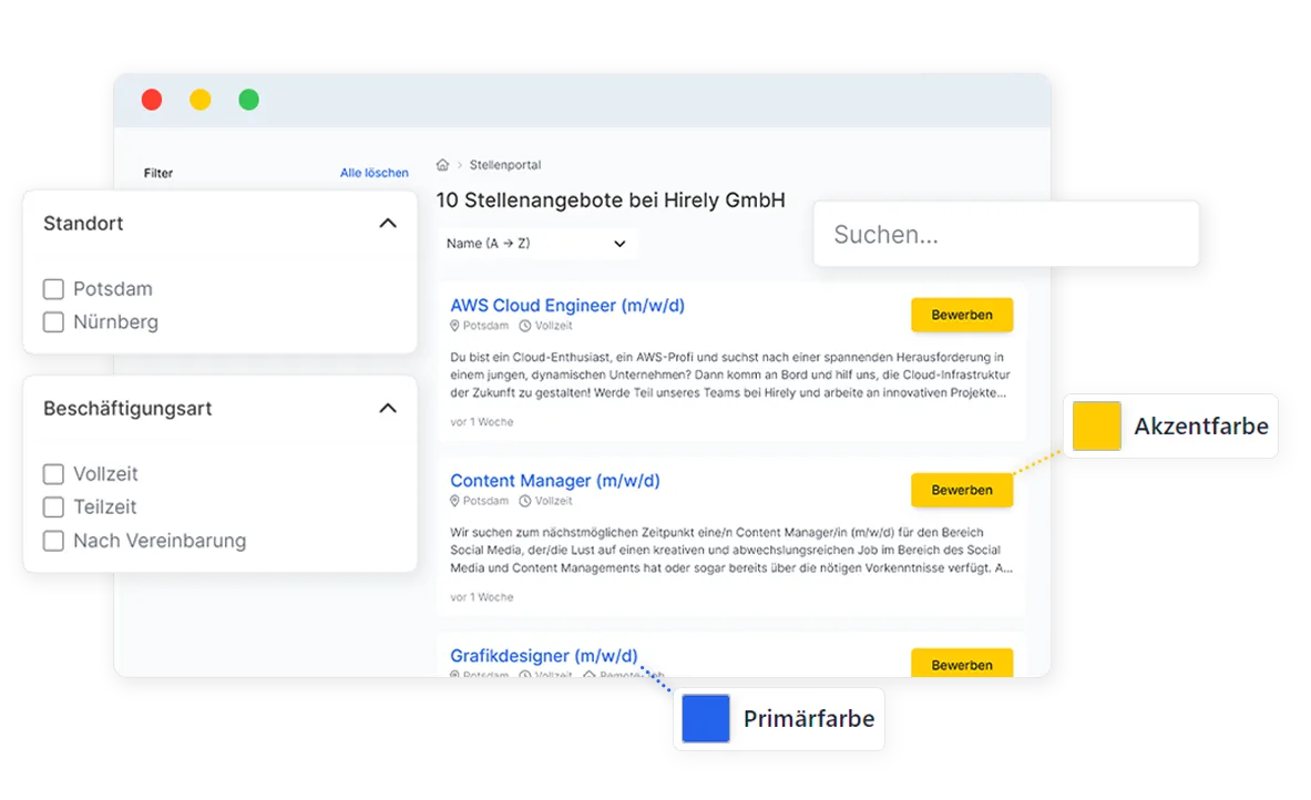 Browser der ein Stellenportal von Hirely zeigt