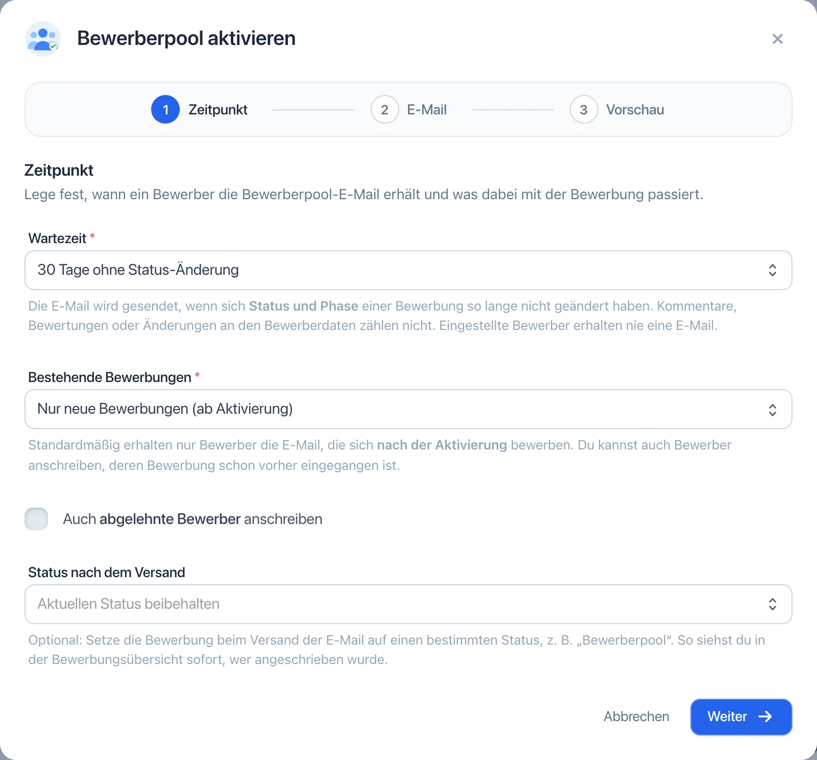 Bewerberpool in Hirely aktivieren
