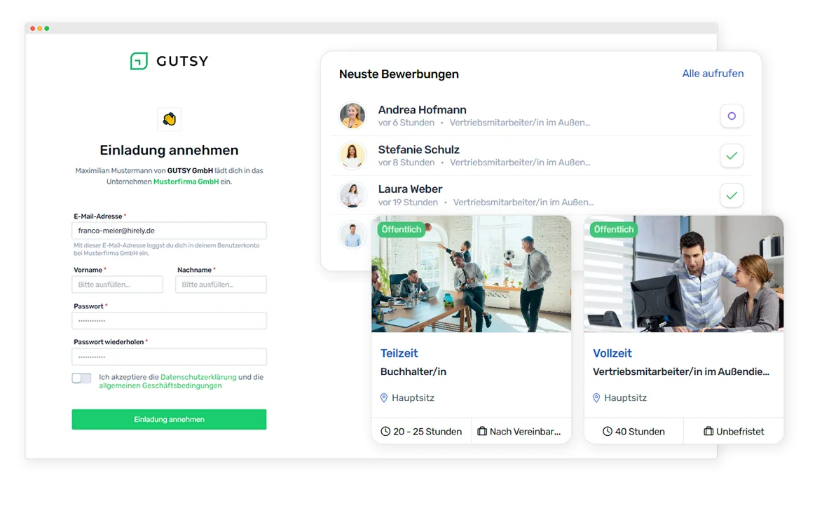 Screenshots von Hirelys Recruiting-Bereich