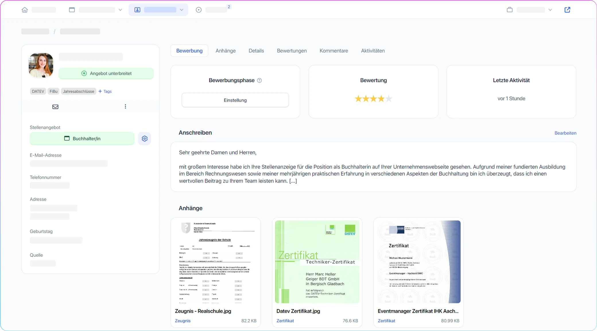 Detailansicht eines Bewerbers