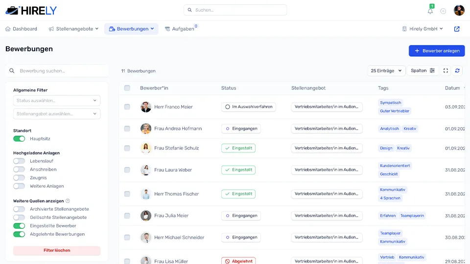 Liste mit Bewerbungen