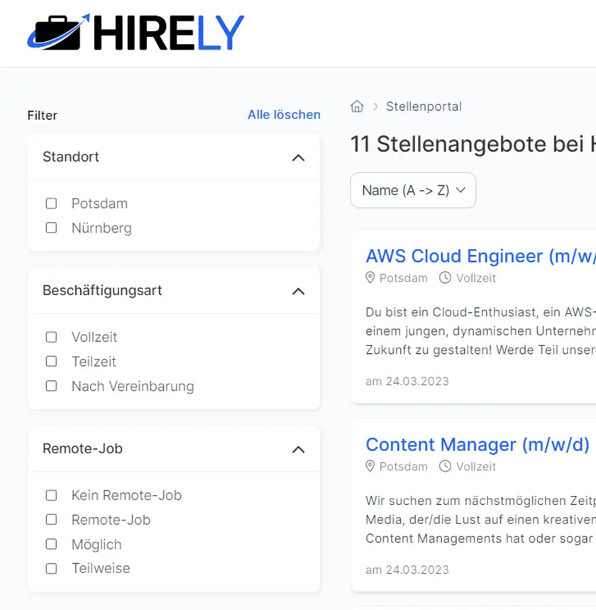 Organisiertes Stellenportal mit Filtern