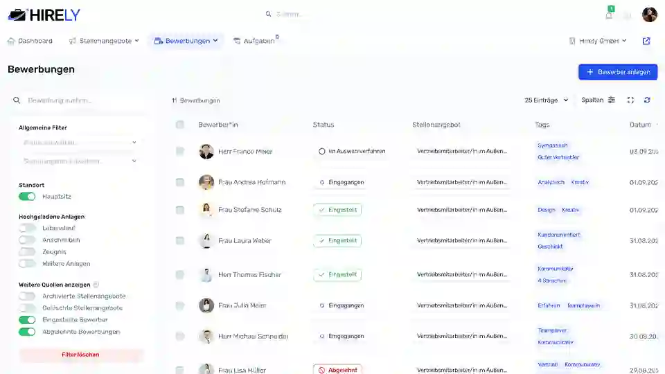 Liste mit Bewerbungen