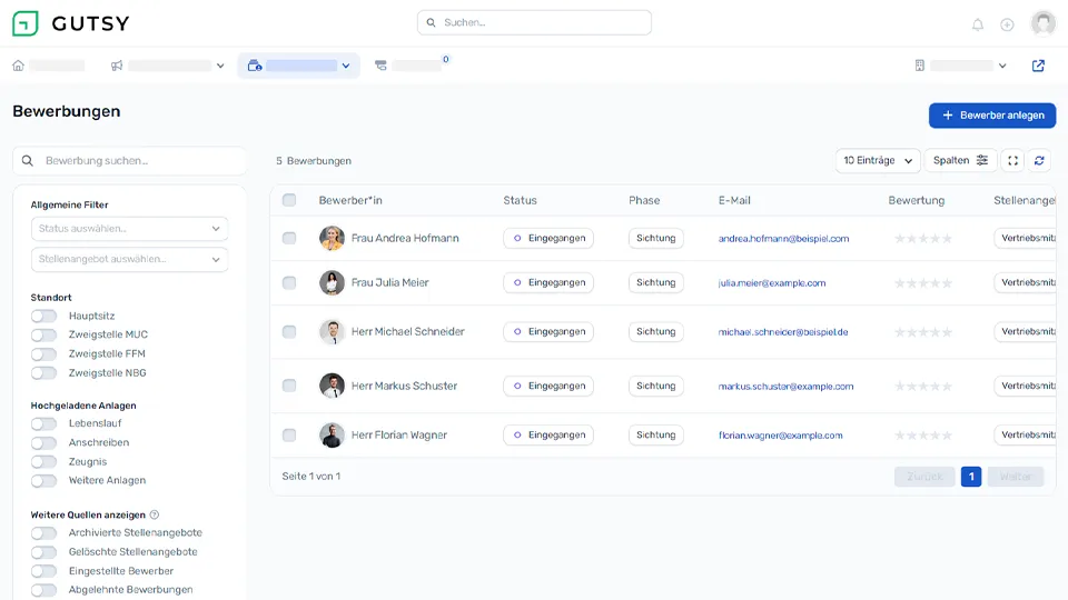 Screenshot Hirely Bewerbermanagement